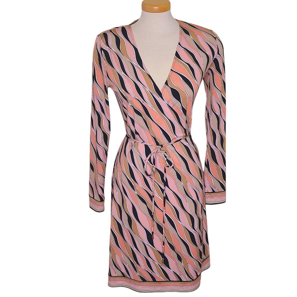 MICHAEL Michael Kors Pink Peach Black Wave-Print Long Sleeve Wrap Dress